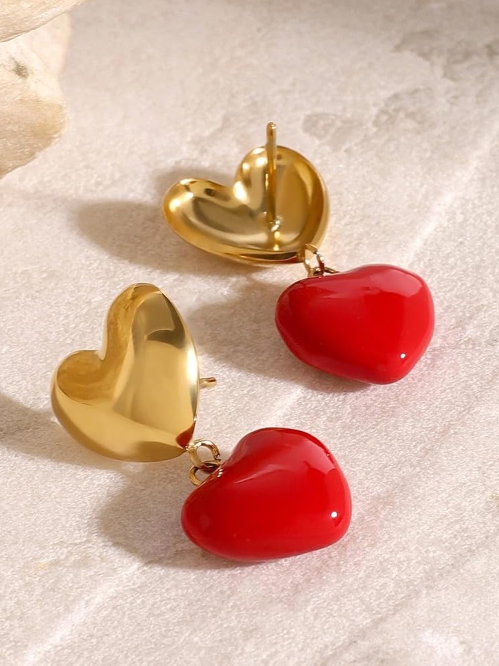 Gold-Tone and Red Heart Drop Earrings - Women Other Earrings